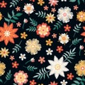 Beautiful seamless pattern with red, yellow and white embroidery flowers on black background. Embroidered print for fabric