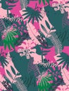 Beautiful seamless pattern with ropical jungle palm leaves and abstract texture