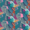 Beautiful seamless pattern with ropical jungle palm leaves and abstract texture