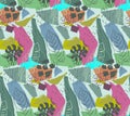 Beautiful seamless pattern with ropical jungle palm leaves and abstract texture