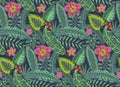 Beautiful seamless pattern with ropical jungle palm leaves and flowers.