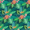 Beautiful seamless pattern with ropical jungle palm leaves and flowers.