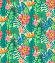 Beautiful seamless pattern with ropical jungle palm leaves and flowers.