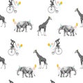 Beautiful seamless pattern with safari animal birthday party. Monkey on bike giraffe and elephant with baloons,