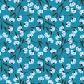 Seamless pattern with simple light blue abstract flowers and dark gray leaves.Vector floral background Royalty Free Stock Photo