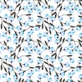 Seamless pattern with simple light blue abstract flowers and dark gray leaves.Vector floral background Royalty Free Stock Photo