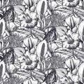 Beautiful seamless pattern with tropical flowers, jungle palm, monstera, banana leaves.