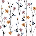 Beautiful seamless pattern vector with meadow flowers with hand brush line stem, Liberty colorful floral background.pattern for