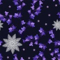 Beautiful seamless pattern with violet bellflowers and abstract embroidery flowers on black background