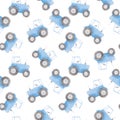 Beautiful seamless pattern with watercolor blue tractor. Stock illustration.