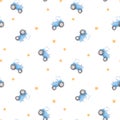 Beautiful seamless pattern with watercolor blue tractor. Stock illustration.