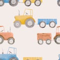 Beautiful seamless pattern with watercolor colorful tractors. Stock illustration.