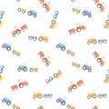 Beautiful seamless pattern with watercolor colorful tractors. Stock illustration.