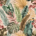 Beautiful seamless pattern with hand drawn watercolor colorful tropical palm leaves. Stock illustration. Wallpapper
