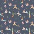 Beautiful seamless pattern with watercolor cute yoga girls. Stock illustration.