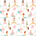 Beautiful seamless pattern with watercolor cute yoga girls. Stock illustration.