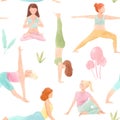 Beautiful seamless pattern with watercolor cute yoga girls. Stock illustration.