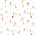 Beautiful seamless pattern with watercolor cute yoga girls. Stock illustration.