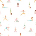 Beautiful seamless pattern with watercolor cute yoga girls. Stock illustration.