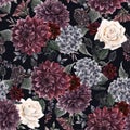 Beautiful seamless pattern with watercolor dark blue, red and black dahlia hydrangea flowers. Stock illustration. Royalty Free Stock Photo
