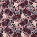 Beautiful seamless pattern with watercolor dark blue, red and black dahlia hydrangea flowers. Stock illustration. Royalty Free Stock Photo
