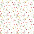 Beautiful seamless pattern with watercolor gentle blooming tulip flowers. Stock illustration.