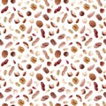 Beautiful seamless pattern with watercolor hand drawn almond walnut hazelnut peanut pecan cashew macadamia brazilian