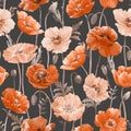 Beautiful seamless pattern with watercolor hand drawn colorful poppy flowers. Stock illustration.