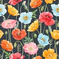 Beautiful seamless pattern with watercolor hand drawn colorful poppy flowers. Stock illustration.