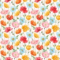 Beautiful seamless pattern with watercolor hand drawn colorful poppy flowers. Stock illustration.