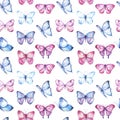 Beautiful seamless pattern with watercolor hand drawn cute butterflies. Stock illustration. Royalty Free Stock Photo