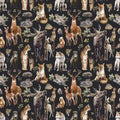 Beautiful seamless pattern with watercolor hand drawn forest wild deer elk lynx fox wolf snake rabbit squirrel animals