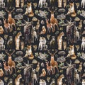 Beautiful vector seamless pattern with watercolor hand drawn forest wild deer elk lynx fox wolf snake rabbit squirrel