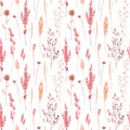 Beautiful seamless pattern with watercolor herbarium wild dried grass in pink and yellow colors. Stock illustration.