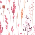 Beautiful seamless pattern with watercolor herbarium wild dried grass in pink and yellow colors. Stock illustration.