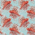 Beautiful seamless pattern with watercolor red lionfish. Stock illustration.