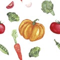 Beautiful seamless pattern with watercolor hand painted vegetables. Hand drawn raw food illustration. Corn, potato, cherry tomato Royalty Free Stock Photo