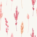 Beautiful seamless pattern with watercolor herbarium wild dried grass in pink and yellow colors. Stock illustration.