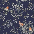 Beautiful seamless pattern with watercolor mistletoe plant leaves with robin birds. Stock illustraqtion.