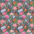 Beautiful seamless pattern with hand drawn watercolor protea banksia and other australian flowers. Stock illustration.