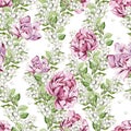 Beautiful Seamless pattern with watercolor roses and snowberry.