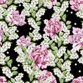 Beautiful Seamless pattern with watercolor roses and snowberry.