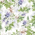 Beautiful Seamless pattern with watercolor tender roses and snowberry, cotton, and blueberries. Royalty Free Stock Photo