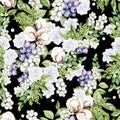 Beautiful Seamless pattern with watercolor tender roses and snowberry, cotton, and blueberries.
