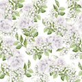 Beautiful Seamless pattern with watercolor tender roses and snowberry.
