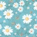 Beautiful seamless pattern with white daisy flowers on sky blue background. Floral embroidery