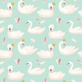 Beautiful Seamless Pattern with white Swans and pink Feathers, use for Baby Background, Textile Prints, Cover, Wallpaper