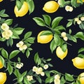 Beautiful seamless pattern yellow lemons and flowers on black background in vintage style. Royalty Free Stock Photo