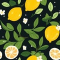 Beautiful seamless pattern yellow lemons and flowers on black background in vintage style. Royalty Free Stock Photo