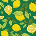 Beautiful seamless pattern yellow lemons and flowers on green background in vintage style. Royalty Free Stock Photo